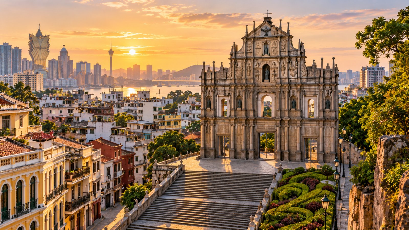 La facciata delle rovine di San Paolo a Macao in cima alla scalinata, nella luce dorata del tramonto