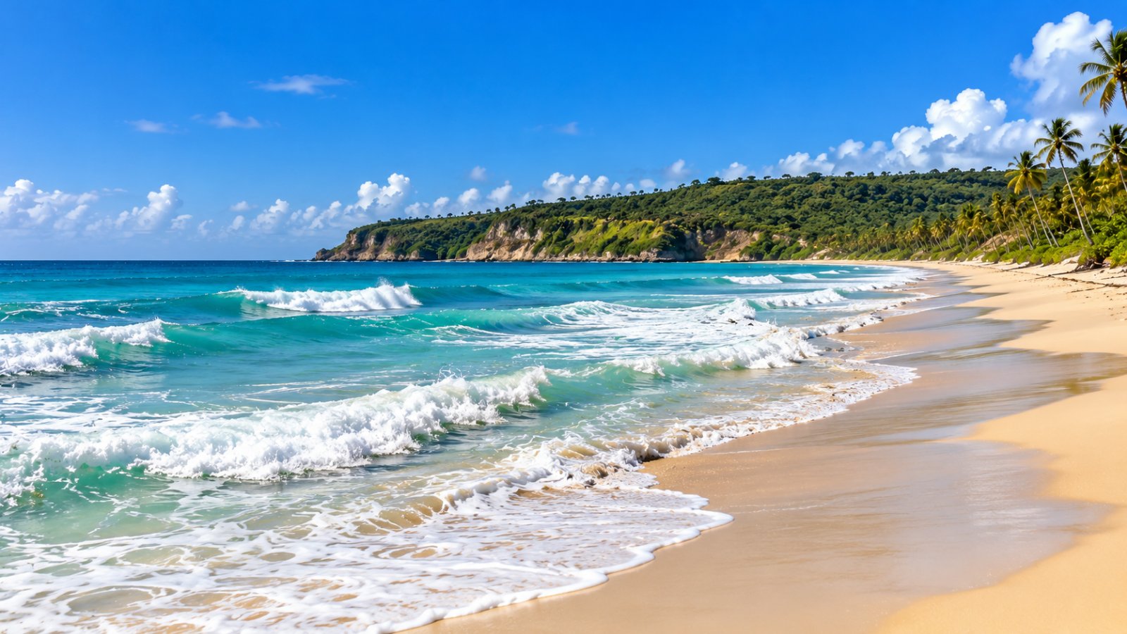 La lunga spiaggia di Macao con le onde che si infrangono sulla sabbia e il promontorio verde sullo sfondo