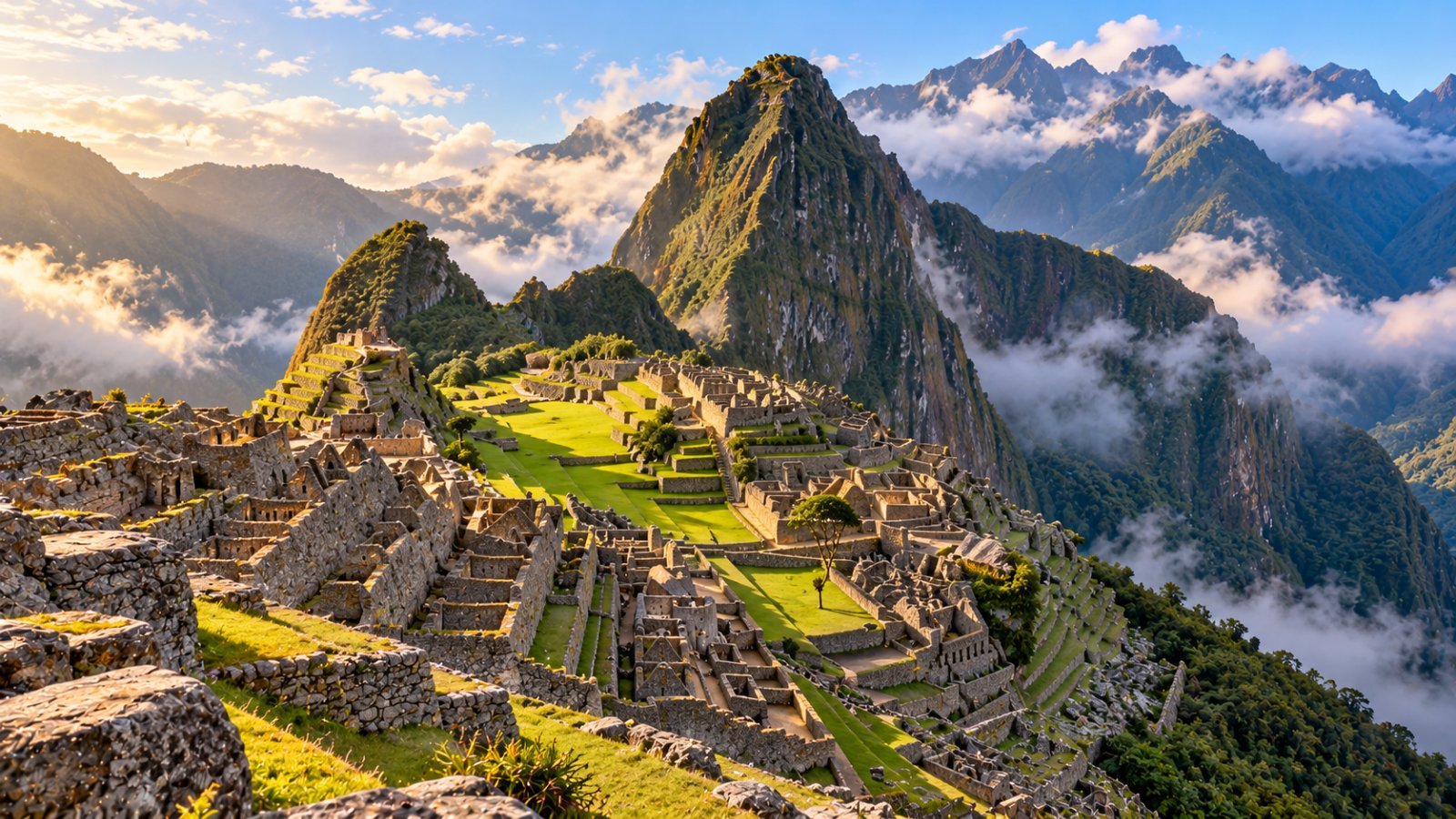 Le rovine di Machu Picchu con terrazze e muri in pietra, dominate dalla vetta di Huayna Picchu tra le nuvole del primo mattino