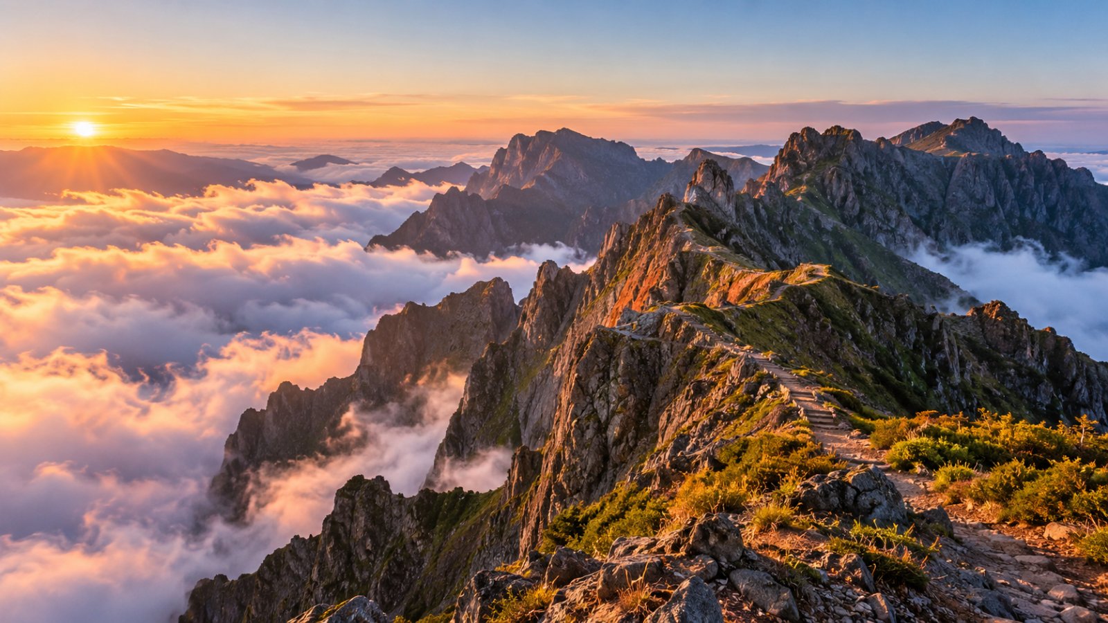 Creste vulcaniche aguzze che emergono da un mare di nuvole all'alba, con un sentiero di montagna che corre lungo il crinale
