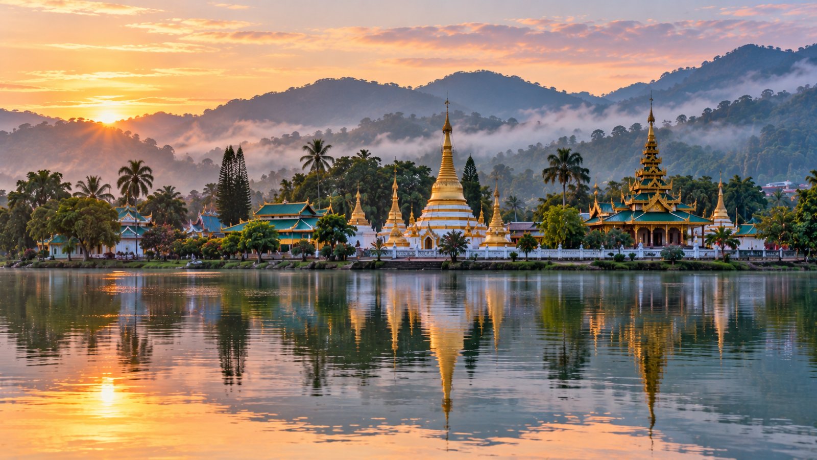 I templi in stile birmano sul lago Jong Kham di Mae Hong Son, riflessi nell'acqua all'alba con le colline nella nebbia