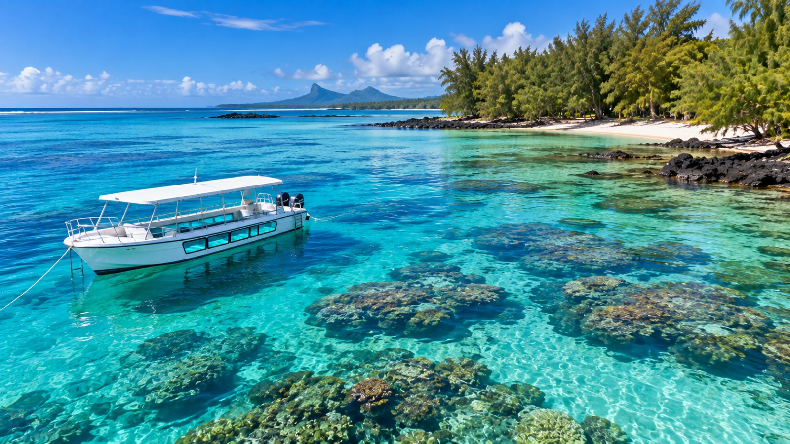 La laguna di Blue Bay con l'acqua blu e trasparente, una barca dal fondo di vetro e la costa bordata di casuarine nel sud-est di Mauritius