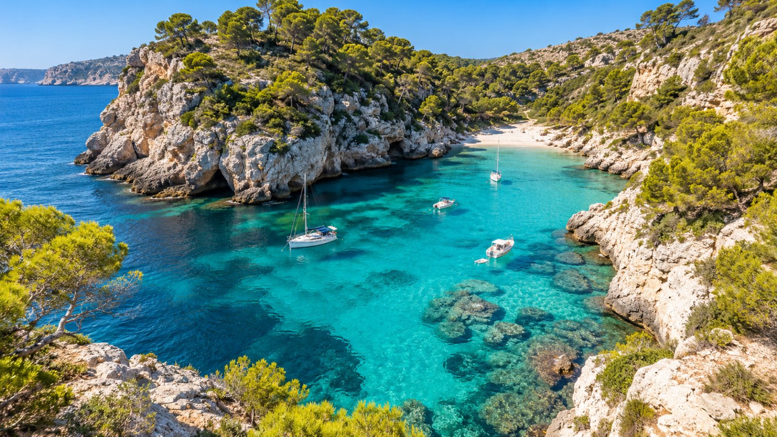 Una cala di Maiorca con l'acqua turchese racchiusa tra scogliere bianche e pini