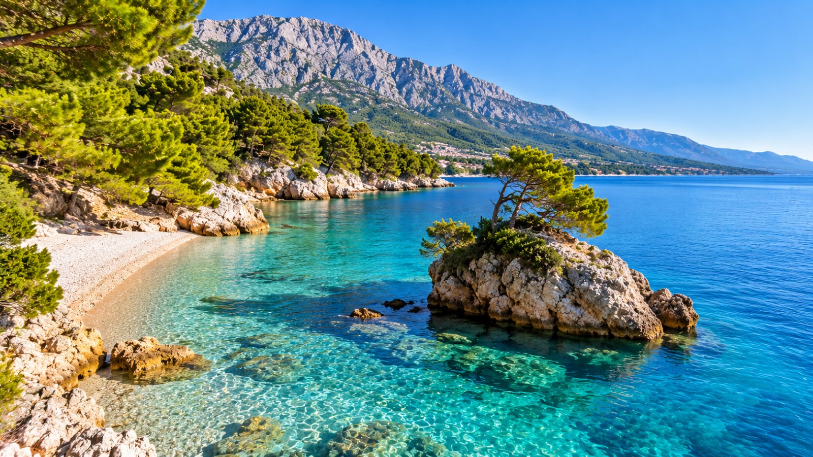 La spiaggia di Punta Rata a Brela, con ciottoli bianchi e pini che arrivano fino all'acqua turchese, un piccolo scoglio con un pino nel mare e la montagna del Biokovo sullo sfondo