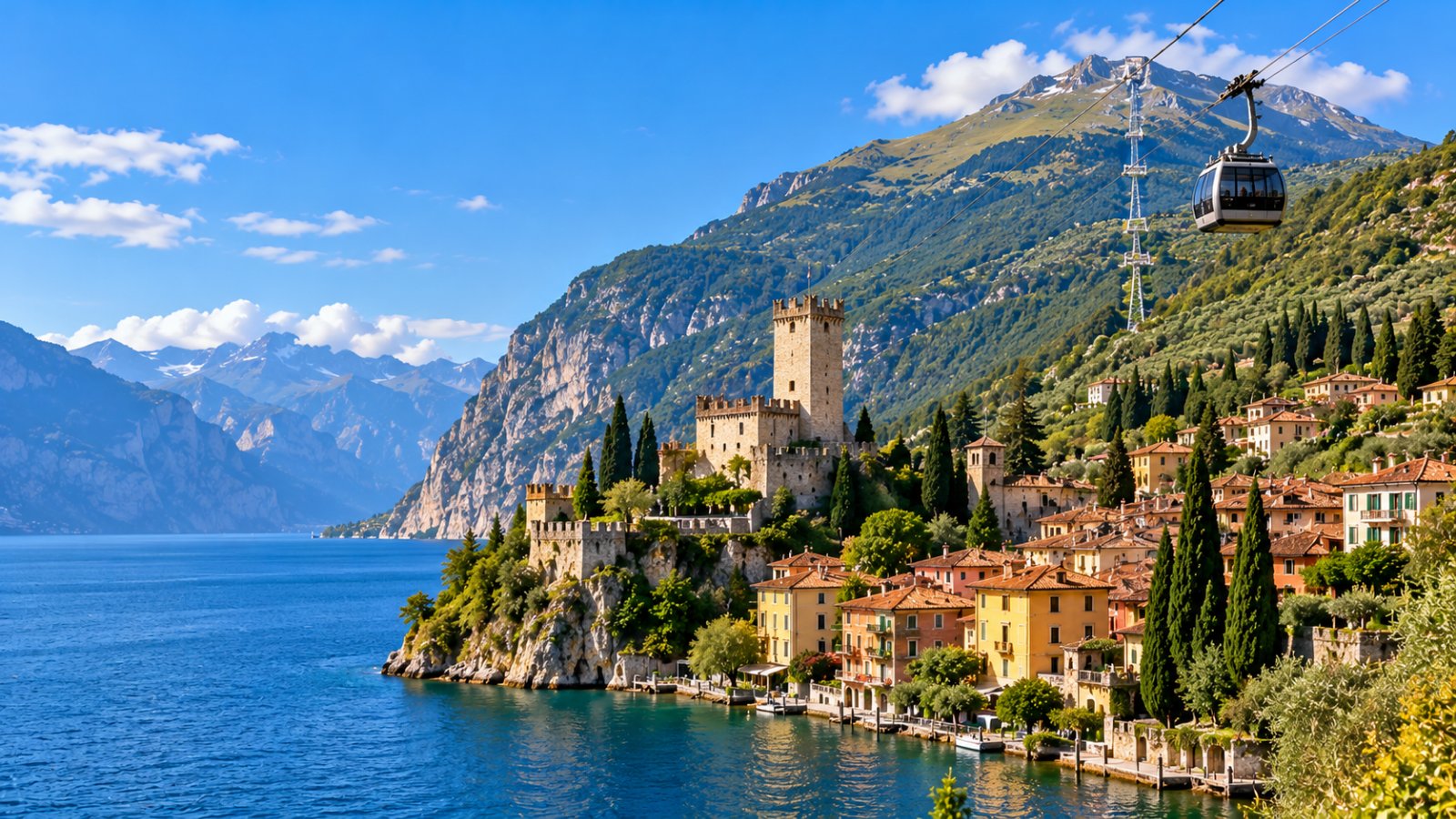 Un borgo con un castello sulla riva del lago e una funivia che sale verso una montagna verde