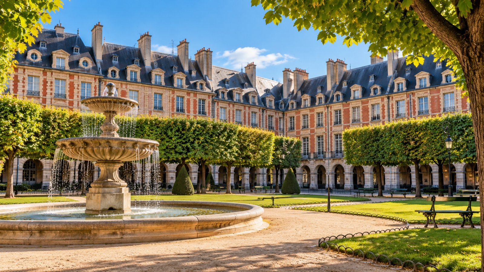 La Place des Vosges nel Marais con i palazzi di mattoni rossi e i portici, gli alberi e la fontana nella luce del mattino