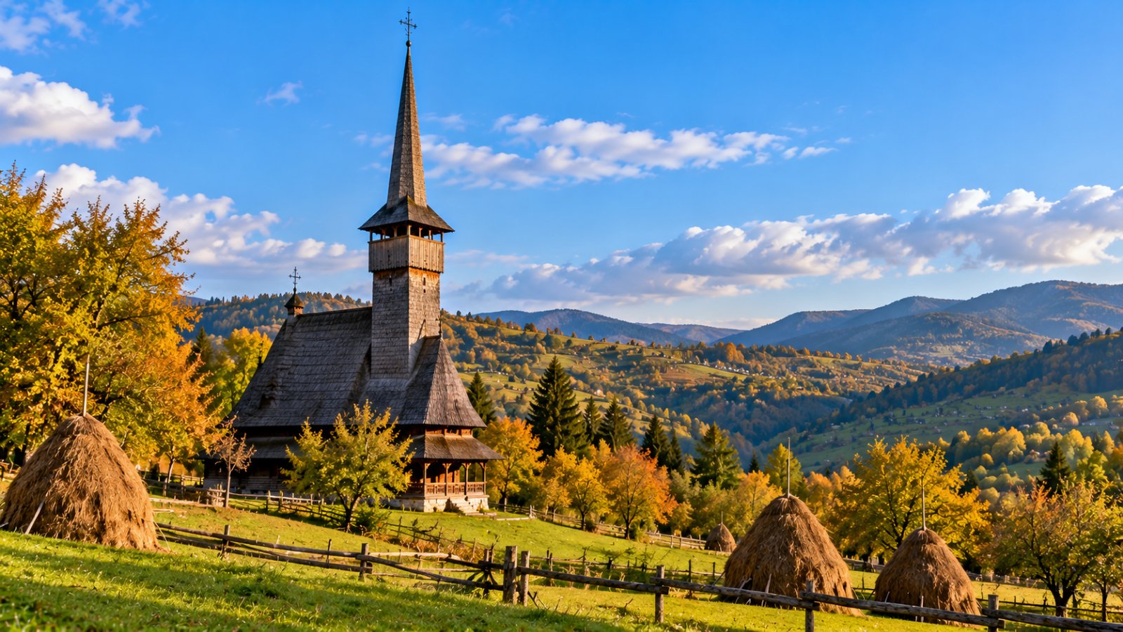 Una chiesa di legno con un altissimo campanile appuntito in un prato verde, con colline e covoni di fieno
