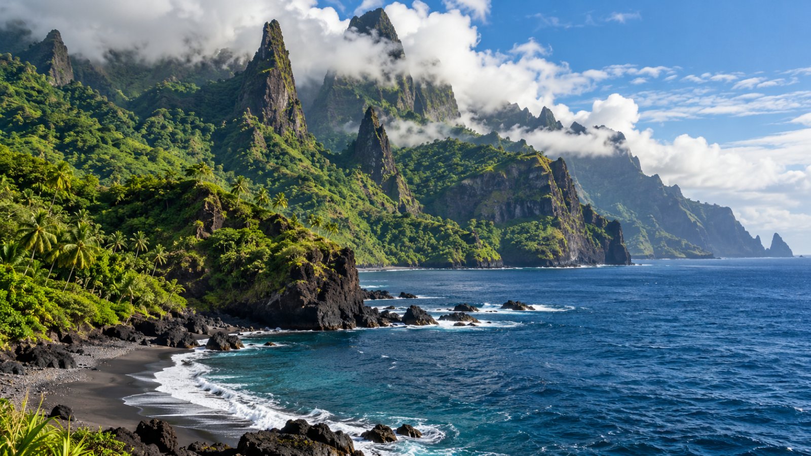 Una baia delle isole Marchesi chiusa da scogliere vulcaniche e picchi di basalto coperti di foresta tropicale, con il mare blu scuro dell'oceano aperto e le nuvole sulle creste