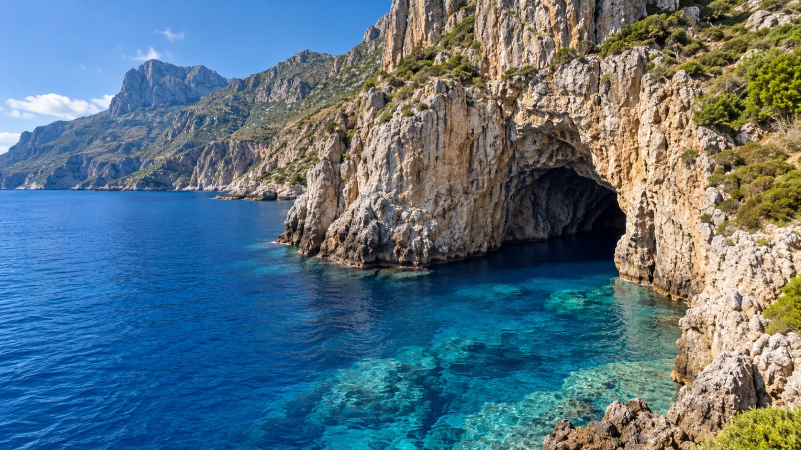 Alte scogliere calcaree di Marettimo a picco su un mare blu cobalto, con l'ingresso di una grotta marina alla base