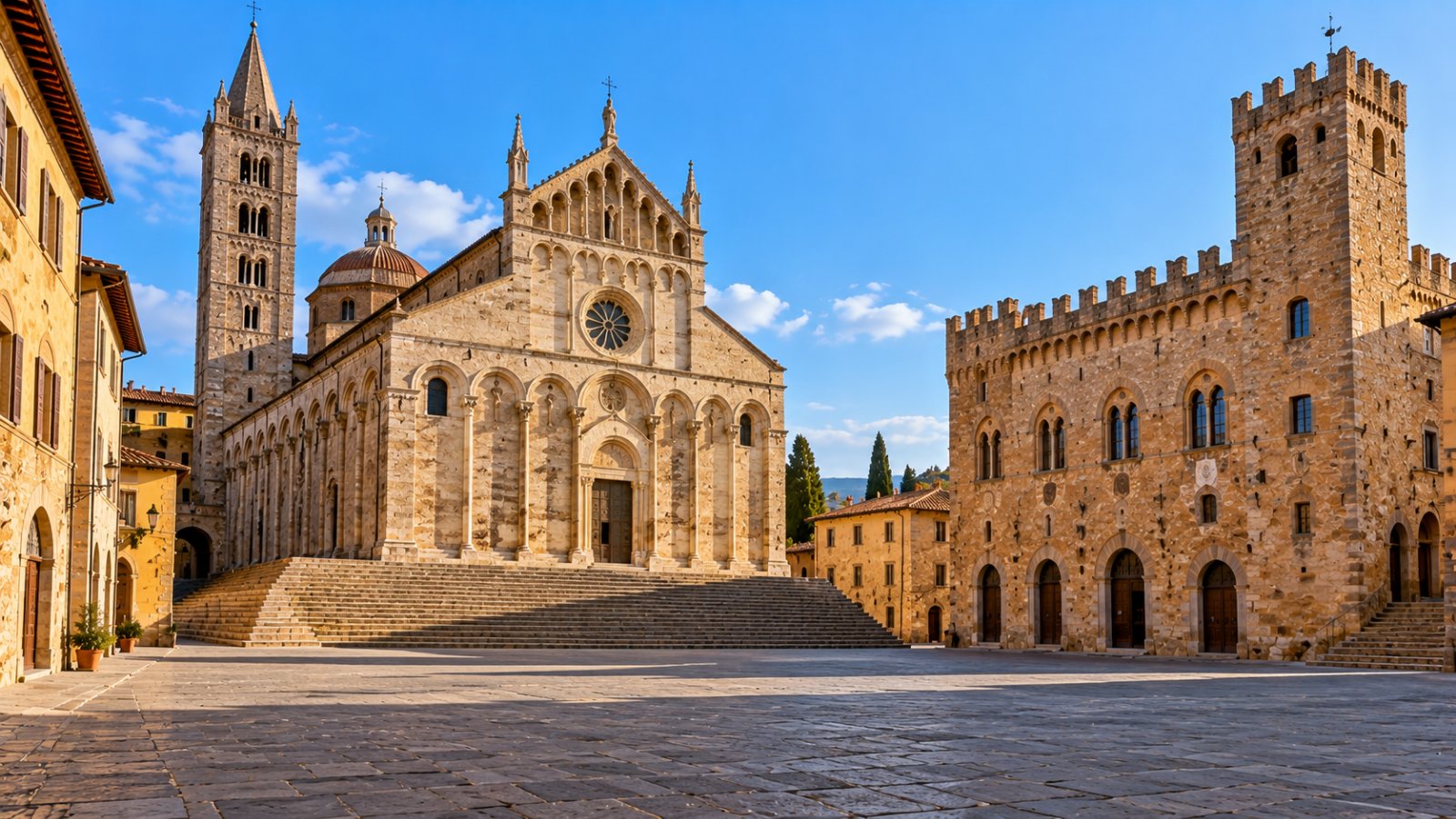 Piazza Garibaldi a Massa Marittima con la cattedrale romanica in travertino sulla scalinata e il palazzo del Podestà