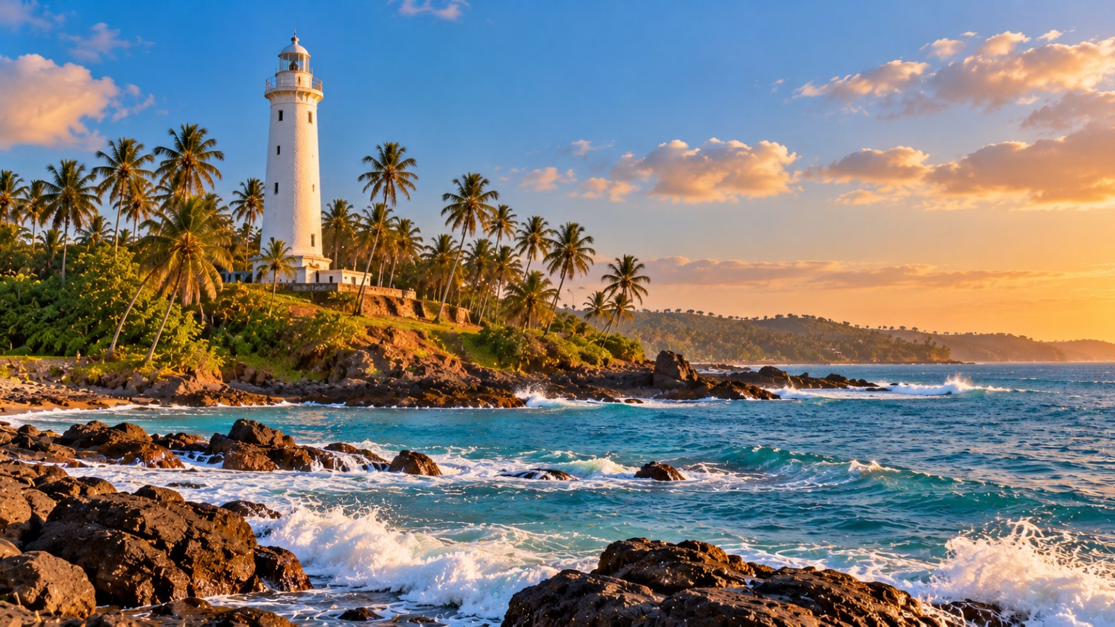Il faro bianco di Dondra Head che si alza tra le palme sul promontorio più meridionale dello Sri Lanka, con le onde dell'oceano che si infrangono sugli scogli scuri