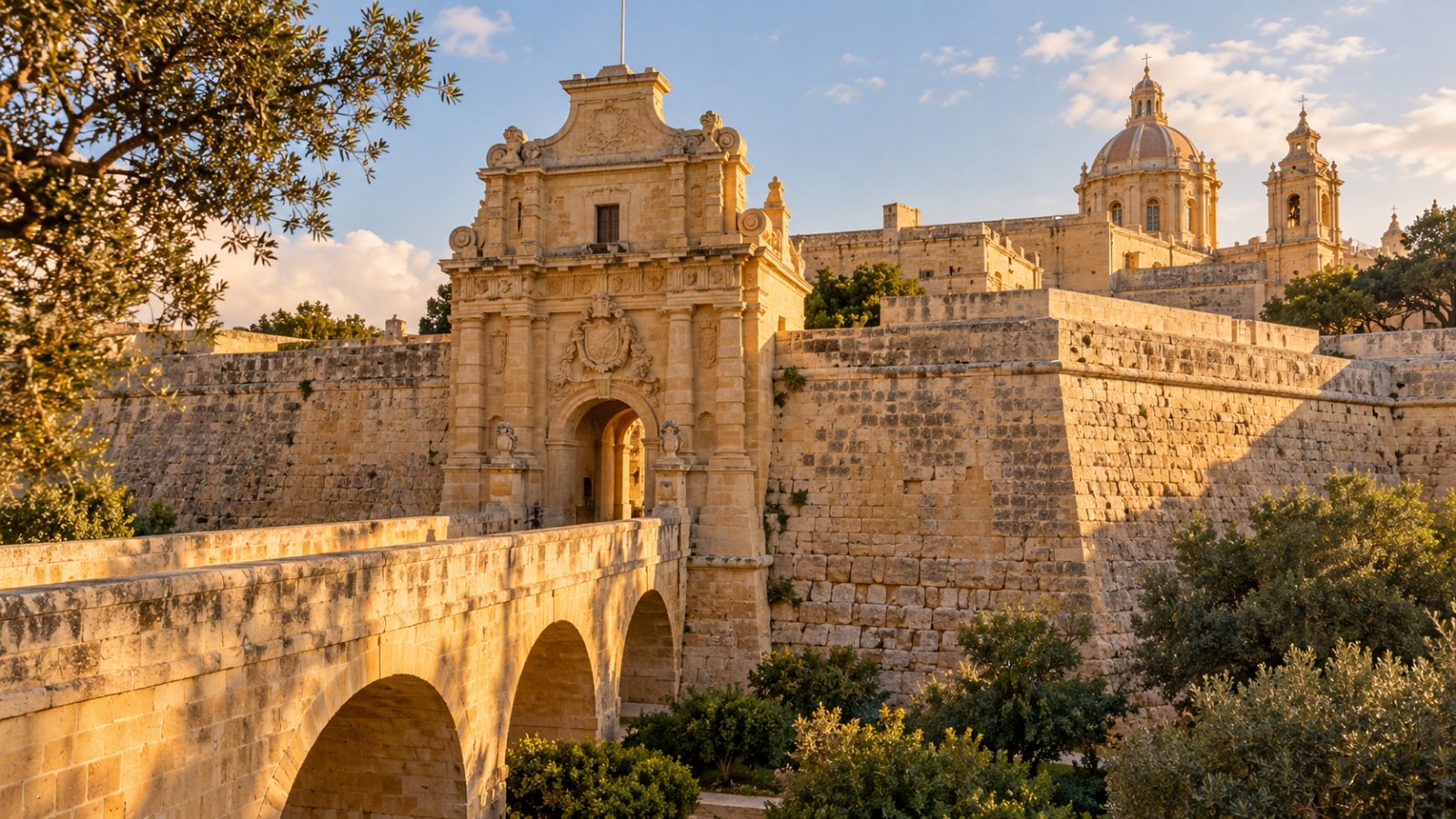 Le mura e la porta monumentale di Mdina in pietra color miele, con la cupola della cattedrale oltre i bastioni, nella luce del tardo pomeriggio