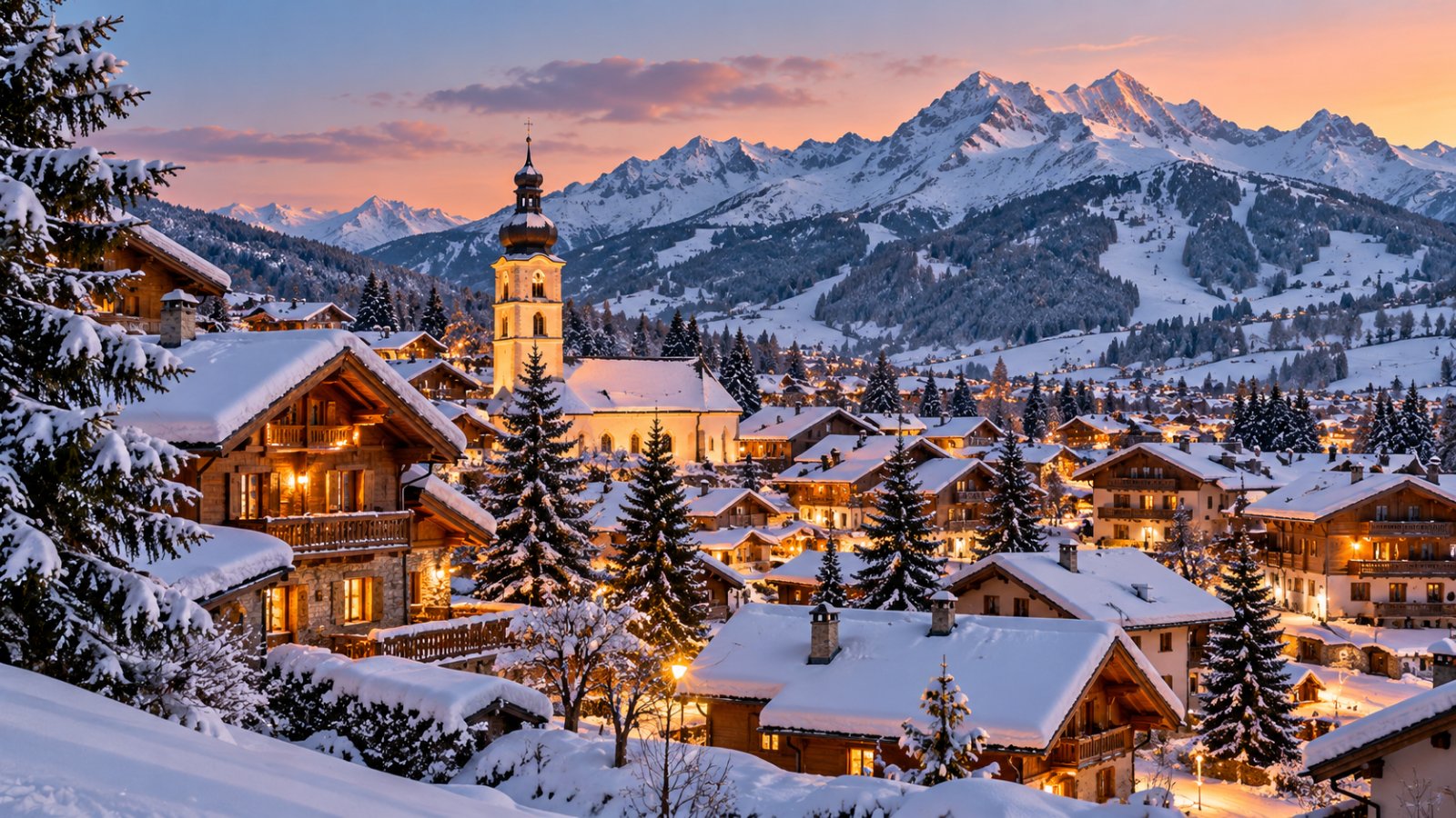 Un villaggio di montagna innevato con chalet in legno, una chiesa con campanile a cipolla e luci calde al crepuscolo