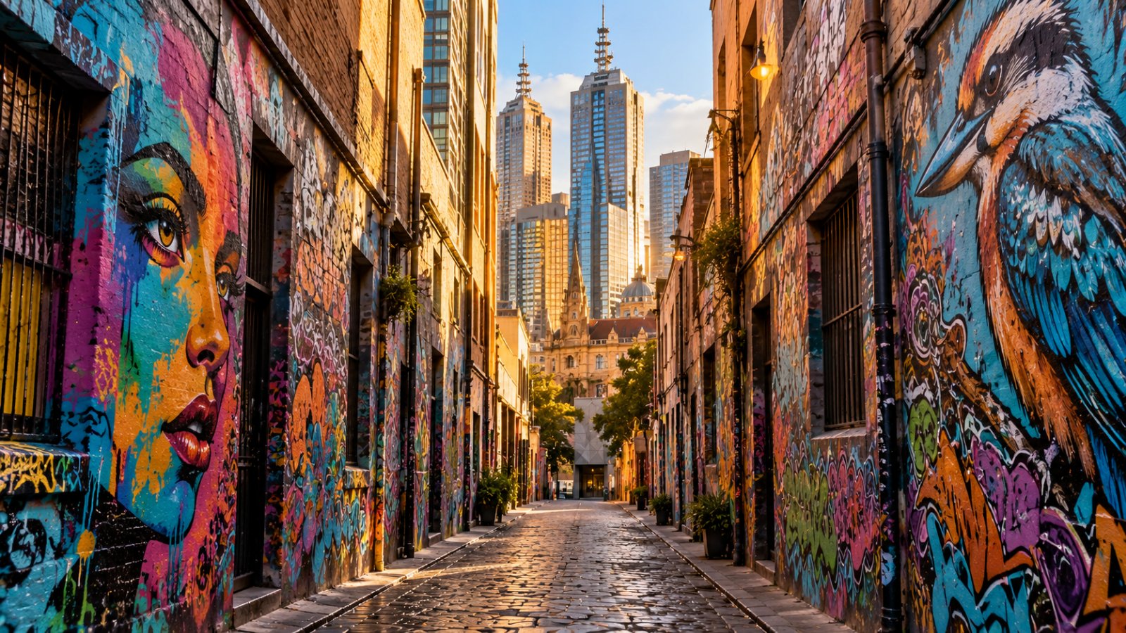 Un vicolo del centro di Melbourne con i muri coperti di murales colorati e, in fondo, la luce del pomeriggio sui grattacieli