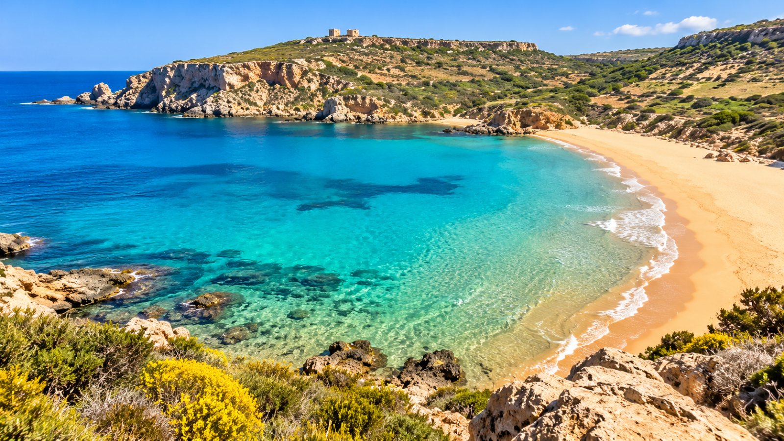 La spiaggia di sabbia dorata di Golden Bay tra le colline e le scogliere, con il mare turchese e trasparente