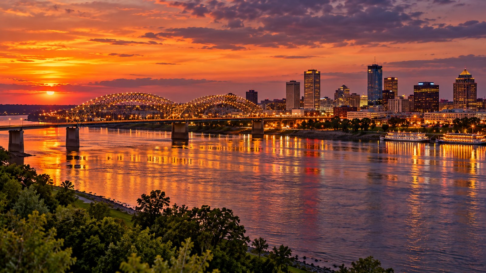 Il fiume Mississippi a Memphis al tramonto, con il ponte illuminato e lo skyline della città