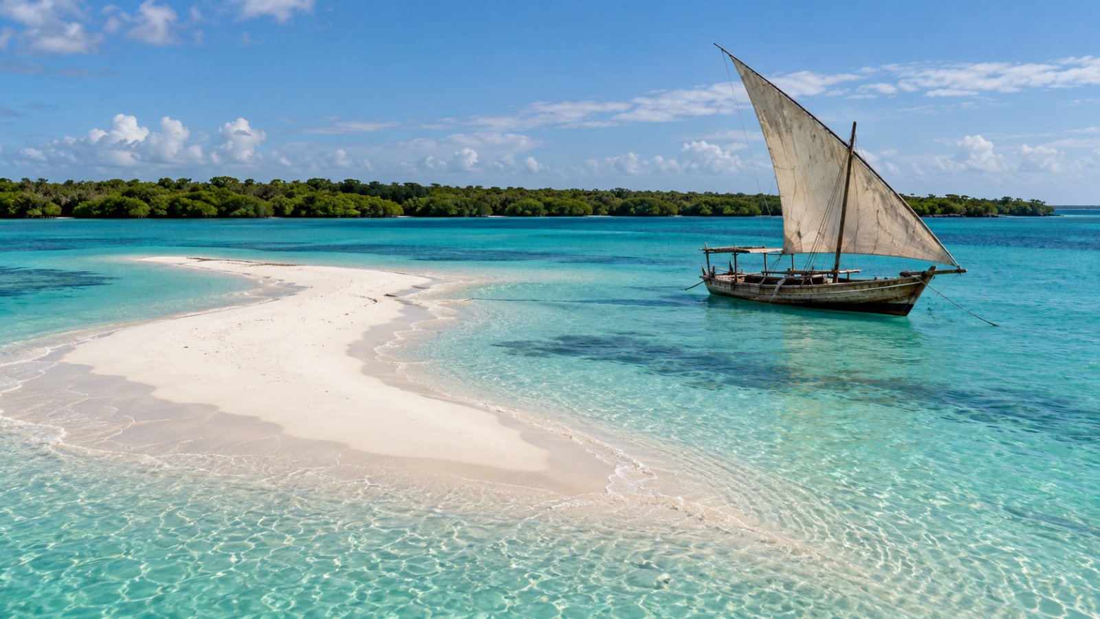 Un banco di sabbia bianca nel mare turchese della baia di Menai, con un dhow a vela ancorato e la costa verde all'orizzonte