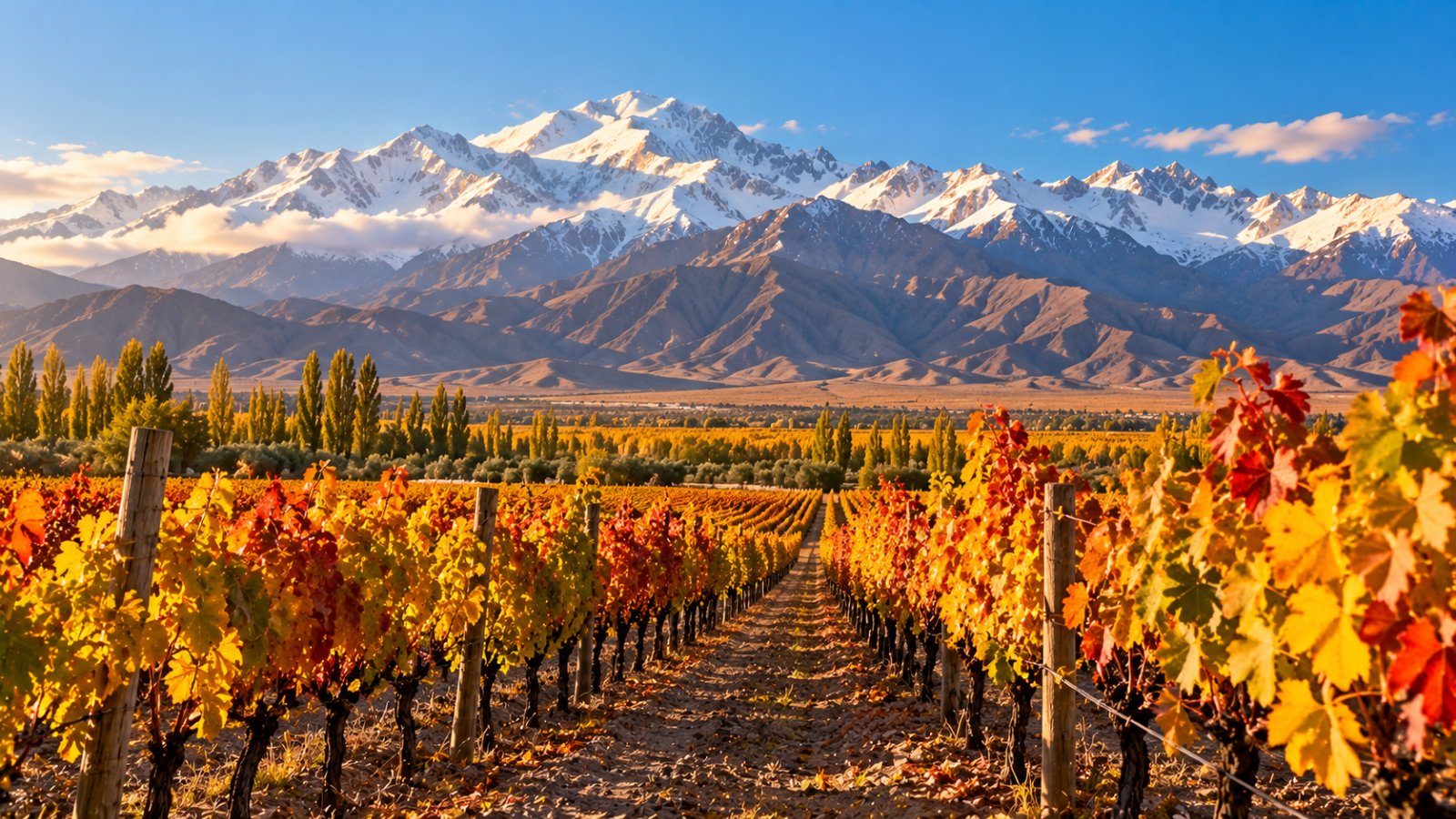 Filari di vite in autunno con le foglie gialle e rosse, e sullo sfondo la cordigliera delle Ande innevata sotto un cielo azzurro