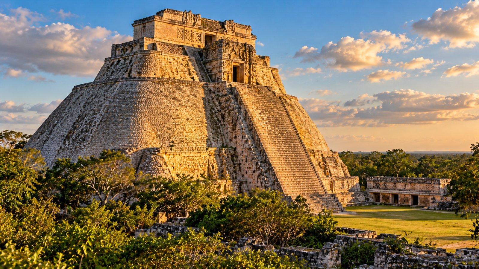 La Piramide dell'Indovino di Uxmal con gli angoli arrotondati e la scalinata ripida, nella luce del tardo pomeriggio