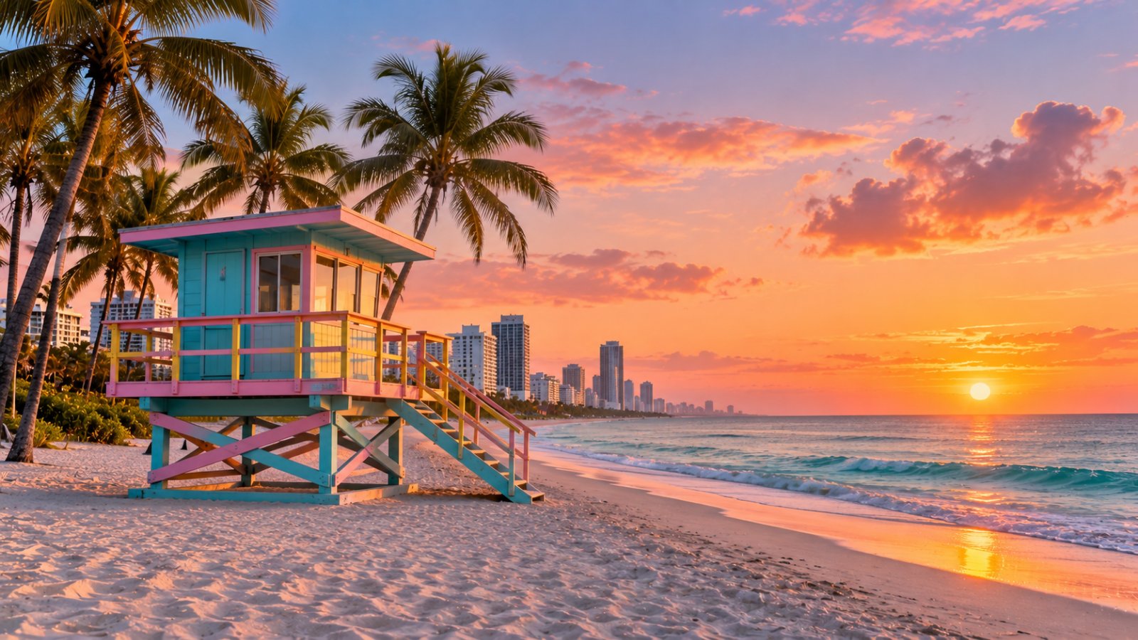 Una torretta di salvataggio dai colori pastello sulla spiaggia di South Beach a Miami all'alba, con il mare calmo e le palme