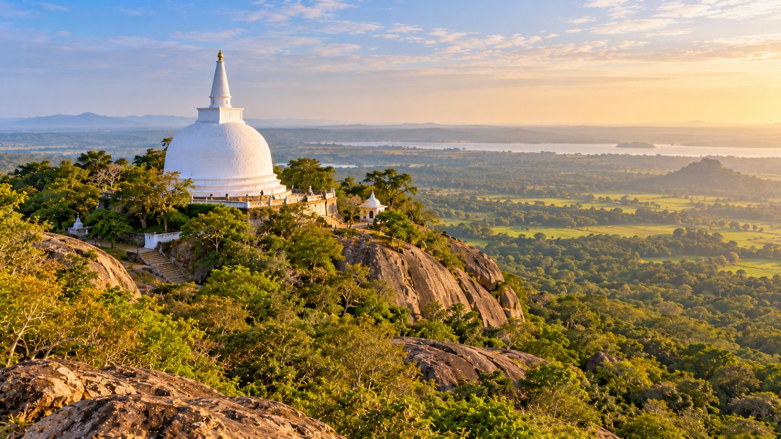 Il grande stupa bianco del Maha Seya sulla cima della collina di Mihintale, con le rocce di granito, la foresta secca e la pianura di Anuradhapura che si perde all'orizzonte nella luce del mattino