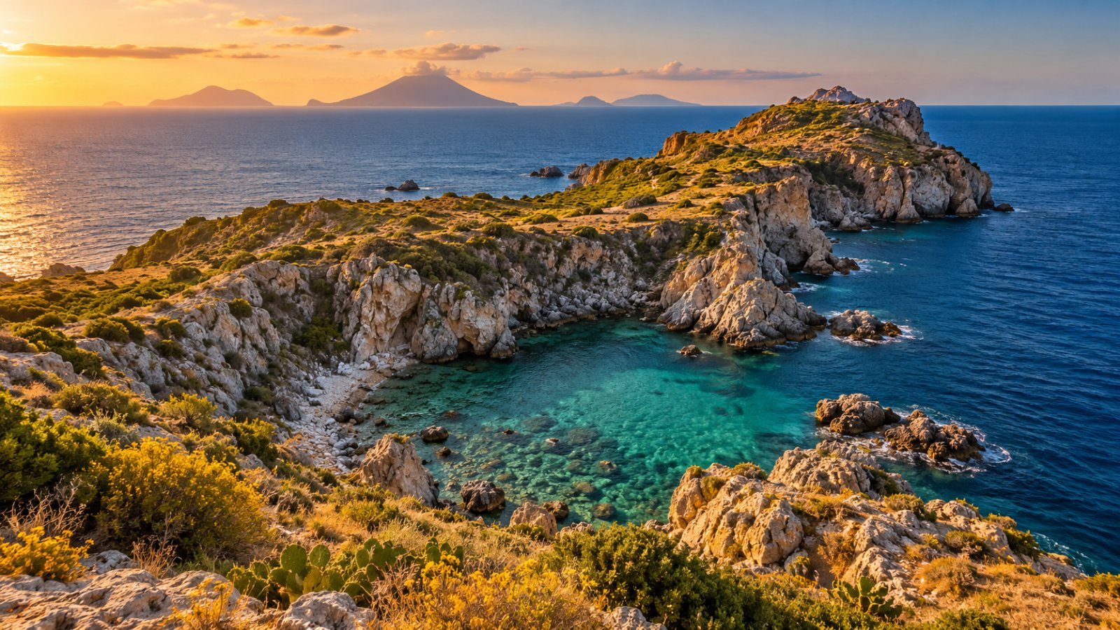 Il promontorio di Capo Milazzo con una piscina naturale tra le rocce e le isole Eolie all'orizzonte