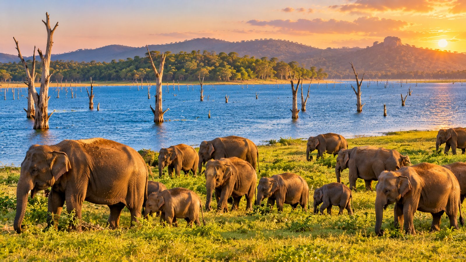 Un grande branco di elefanti asiatici che pascola sull'erba verde lungo le rive del bacino di Minneriya, con alberi secchi nell'acqua e la foresta sullo sfondo nella luce del tardo pomeriggio