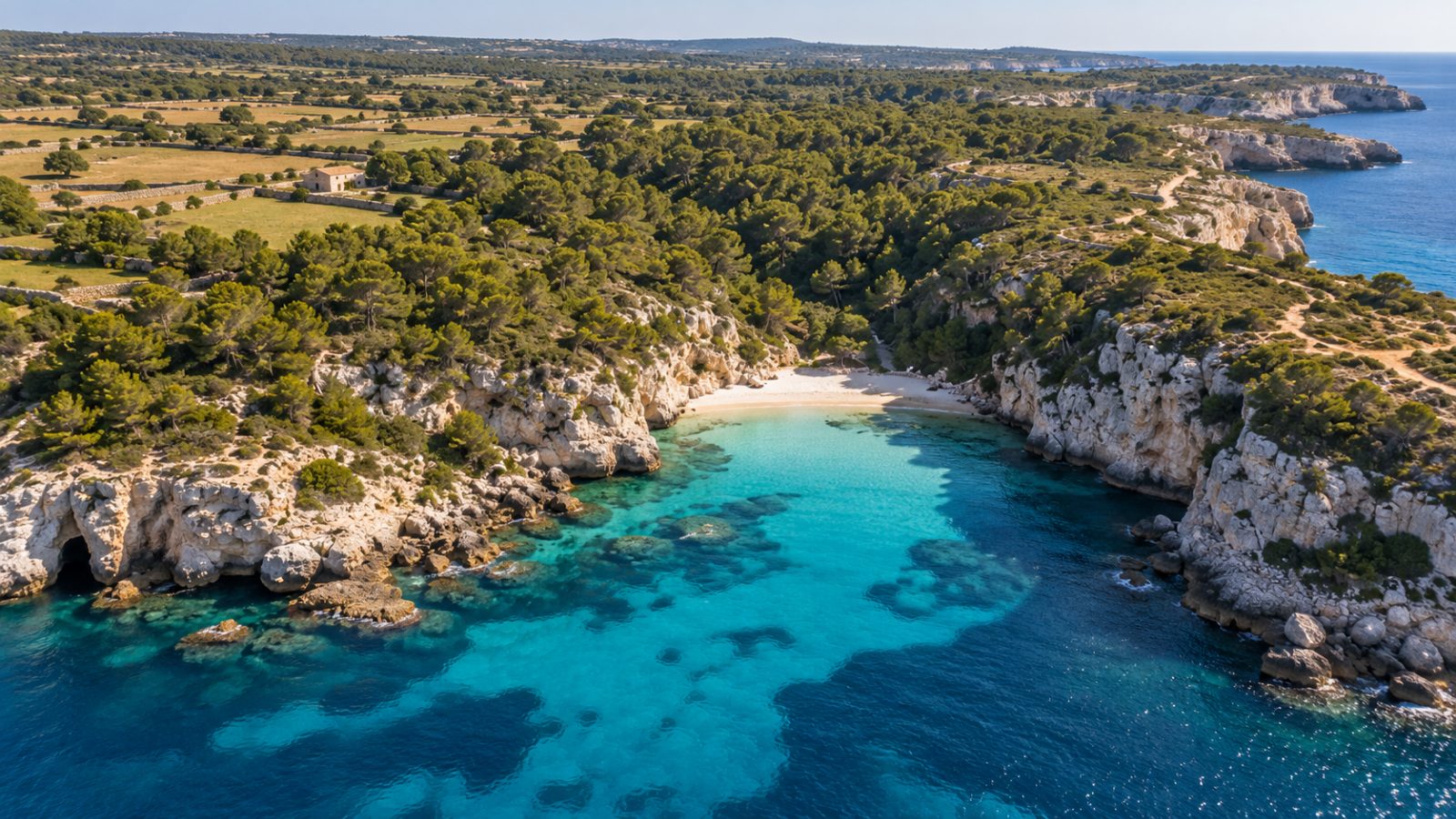 Una cala della costa sud di Minorca vista dall'alto, tra scogliere calcaree e pinete