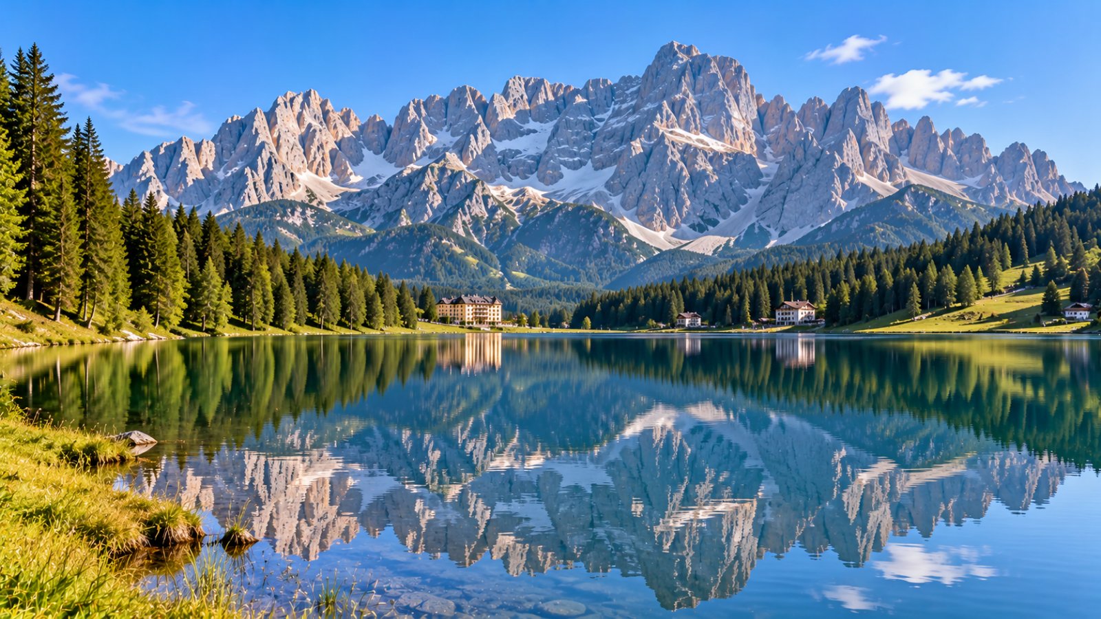 Il lago di Misurina in una mattina d'estate senza vento, con il gruppo del Sorapiss riflesso nell'acqua calma e i boschi di abeti sulle rive