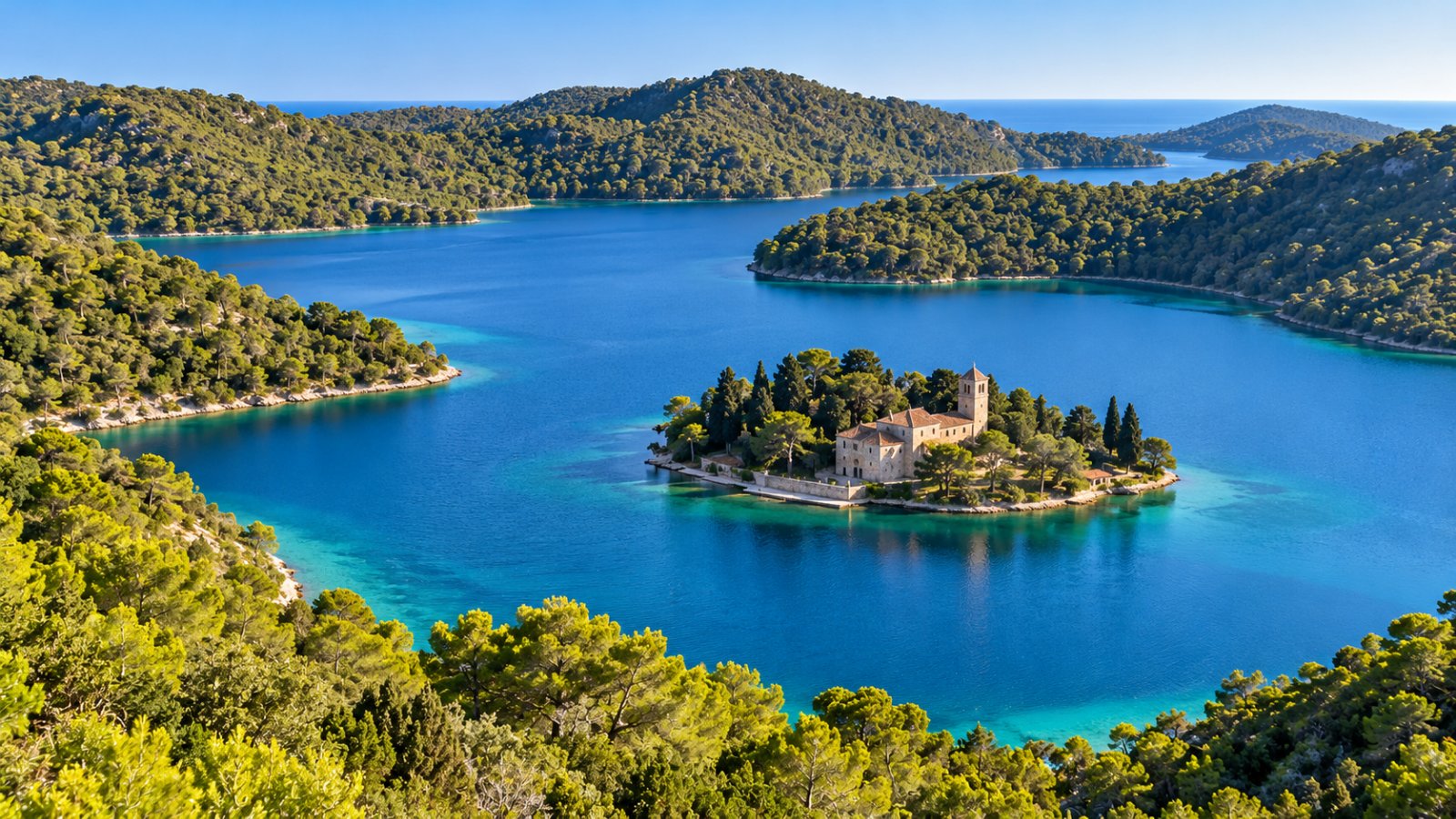 I laghi salati del Parco nazionale di Mljet, con l'isolotto di Santa Maria e il monastero in pietra al centro del lago, circondati da boschi di pini, vista dall'alto