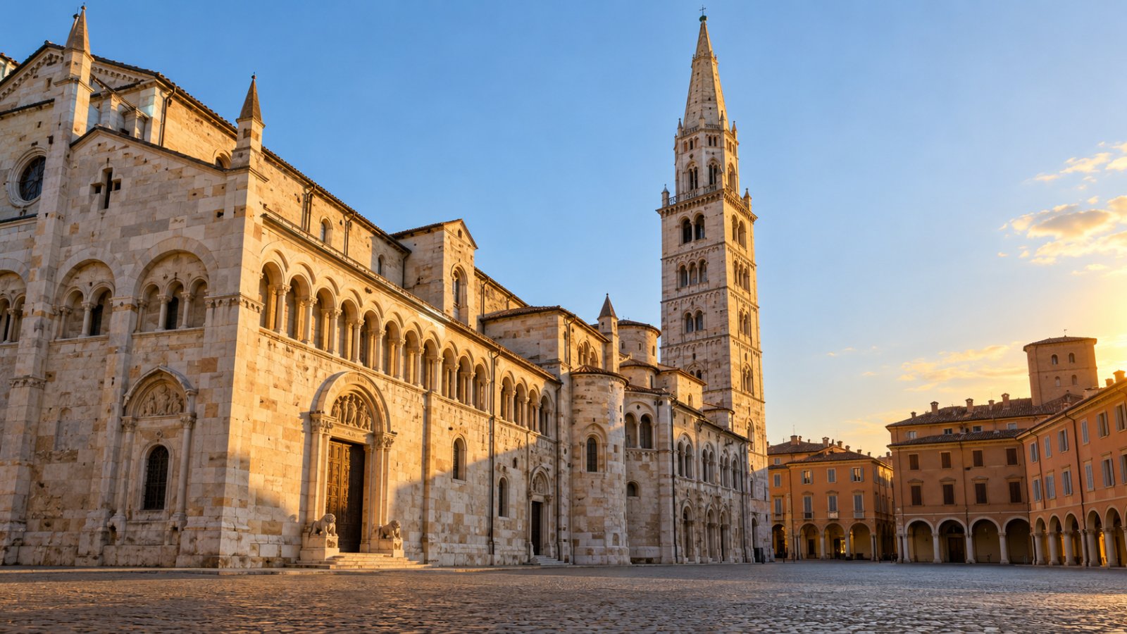 Piazza Grande a Modena con il fianco romanico del Duomo in pietra chiara e la torre Ghirlandina che si alza sopra i tetti nella luce calda del tardo pomeriggio
