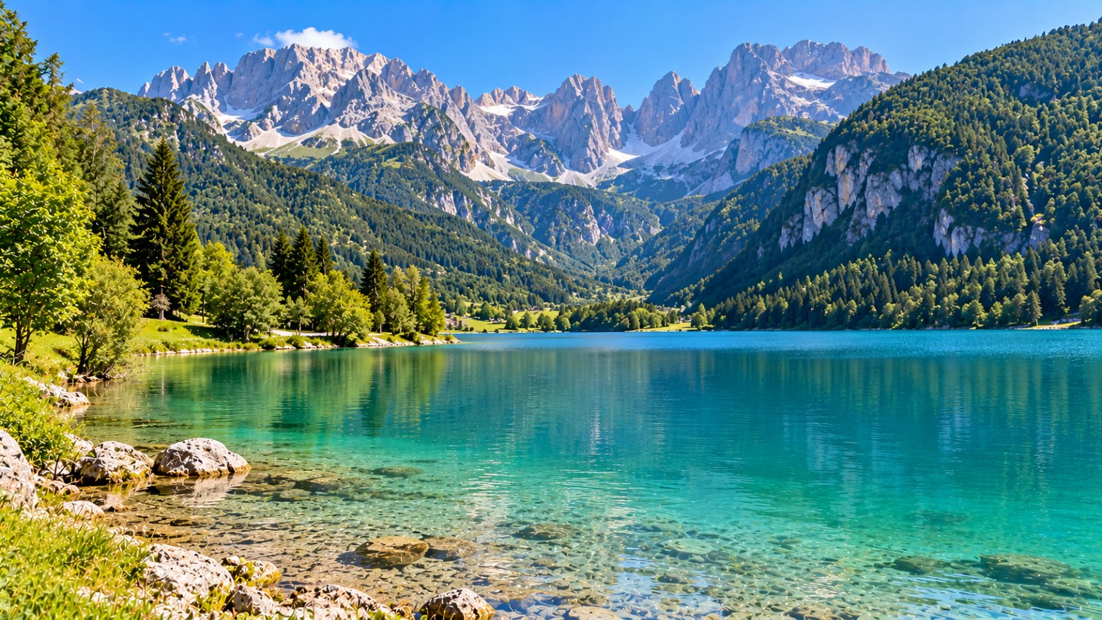 Il lago di Molveno in una giornata limpida d'estate, con l'acqua verde-azzurra, i prati e i boschi sulle rive e sullo sfondo le guglie grigie delle Dolomiti di Brenta