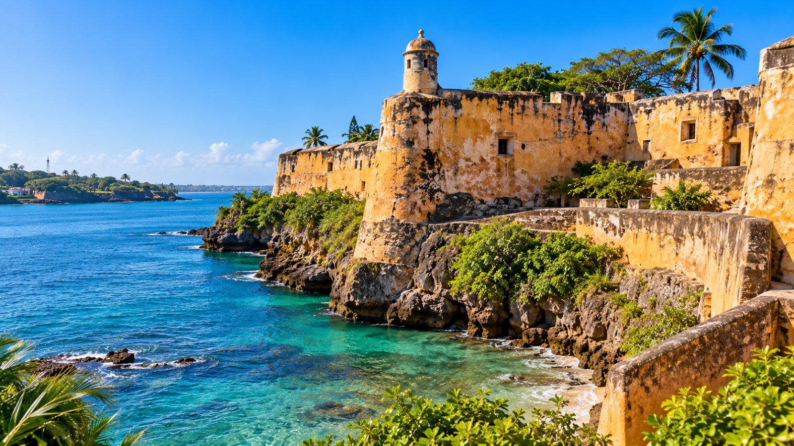 Le mura color ocra del Fort Jesus di Mombasa con un bastione affacciato sul canale di mare, palme e cielo azzurro del mattino