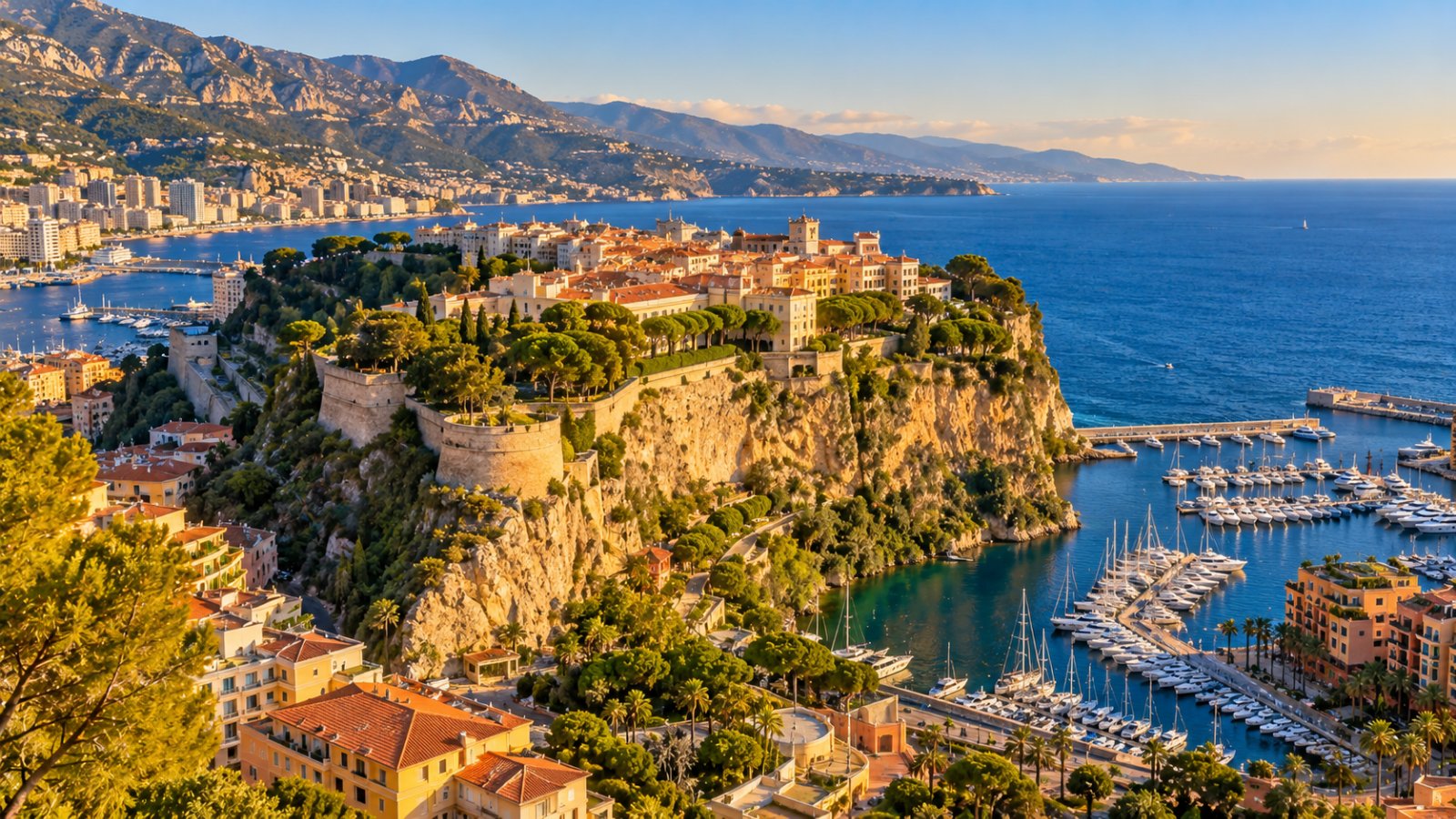 La Rocca di Monaco con il Palazzo del Principe e le case color pastello che si affacciano sul porto pieno di barche, nella luce calda del tardo pomeriggio