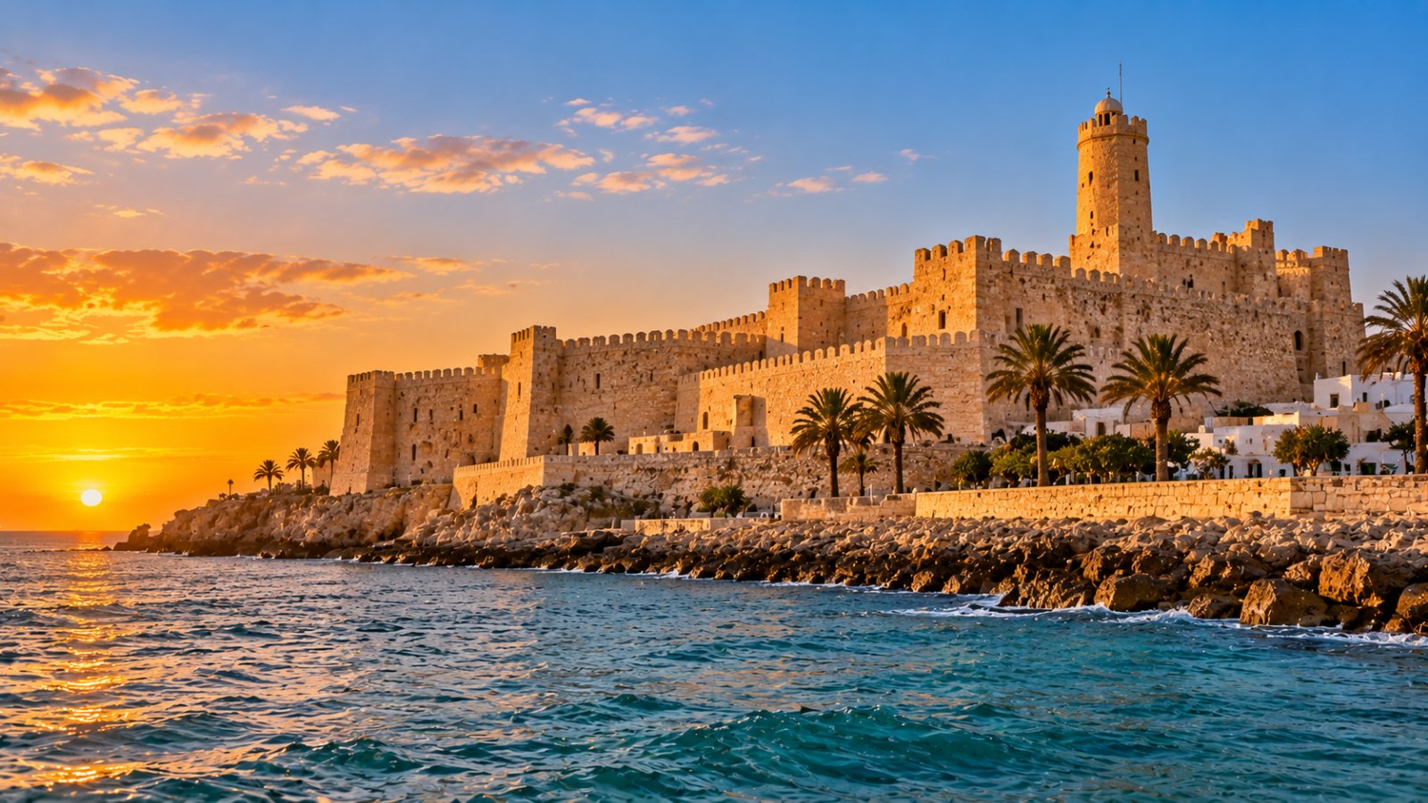Il ribat di Monastir con le mura merlate color sabbia e la torre di guardia, sul lungomare, con il mare azzurro e il cielo limpido sullo sfondo