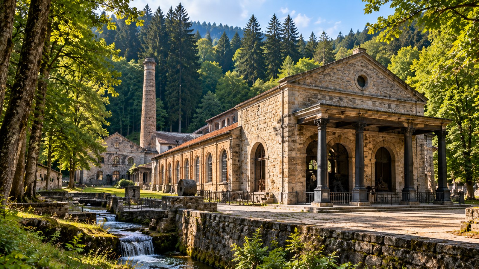 L'ingresso delle antiche ferriere borboniche di Mongiana, con le colonne in ghisa, tra i boschi delle Serre