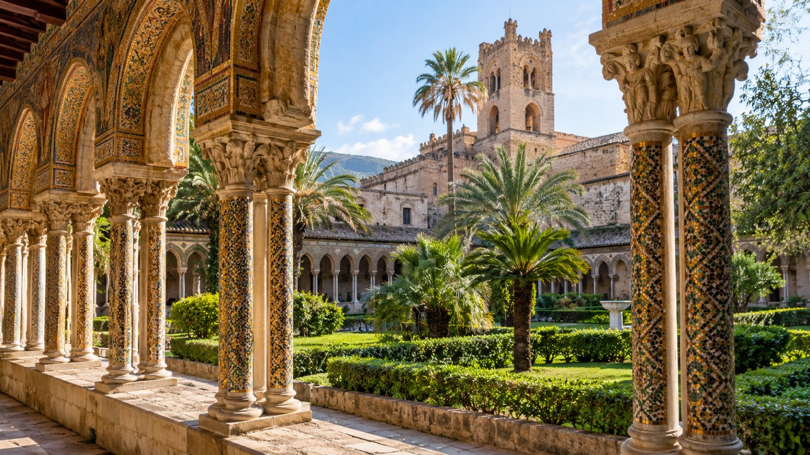 Il chiostro del Duomo di Monreale con le colonnine binate decorate e il giardino al centro