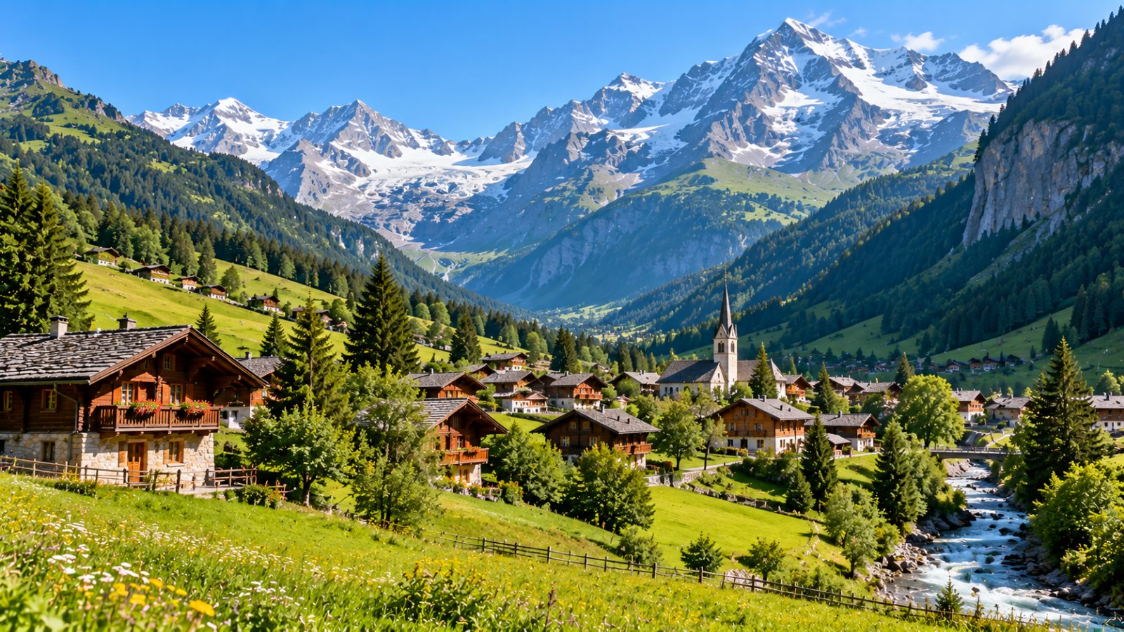 Una valle alpina d'estate con prati verdi, un villaggio di chalet in legno e cime innevate sullo sfondo