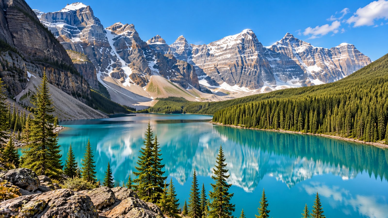 Un lago glaciale color turchese circondato da boschi di conifere e da cime rocciose con neve, nelle Montagne Rocciose canadesi d'estate