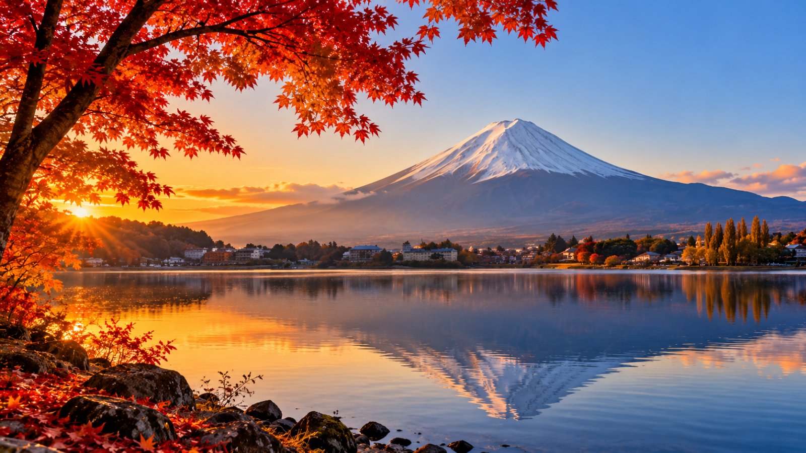 Il cono innevato del Monte Fuji che si specchia nelle acque calme del lago Kawaguchiko all'alba, con alberi dalle foglie rosse in primo piano