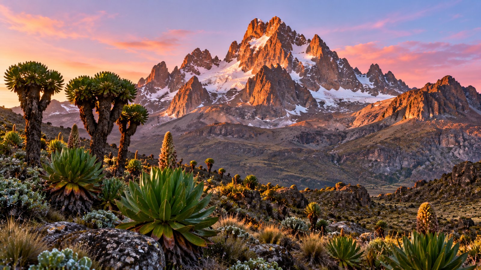 Le vette rocciose del Monte Kenya con piccoli nevai, viste all'alba da una valle d'alta quota con lobelie giganti e seneci arborescenti in primo piano