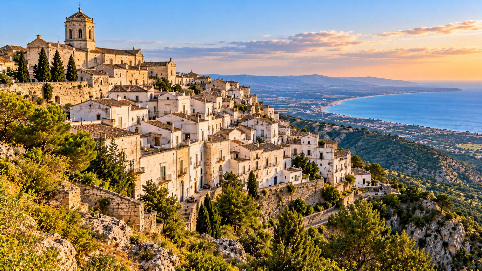 Monte Sant'Angelo, case bianche a schiera sulla montagna, il campanile del santuario di San Michele e il golfo di Manfredonia sullo sfondo