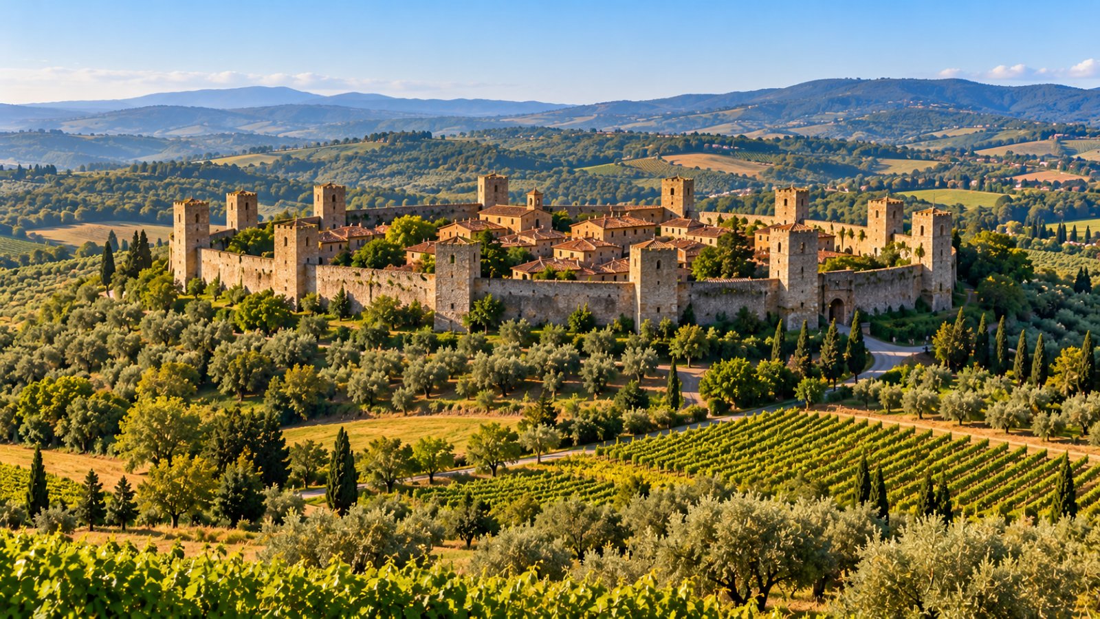 La cinta muraria circolare di Monteriggioni con le torri quadrate sulla collina, circondata da campi e uliveti