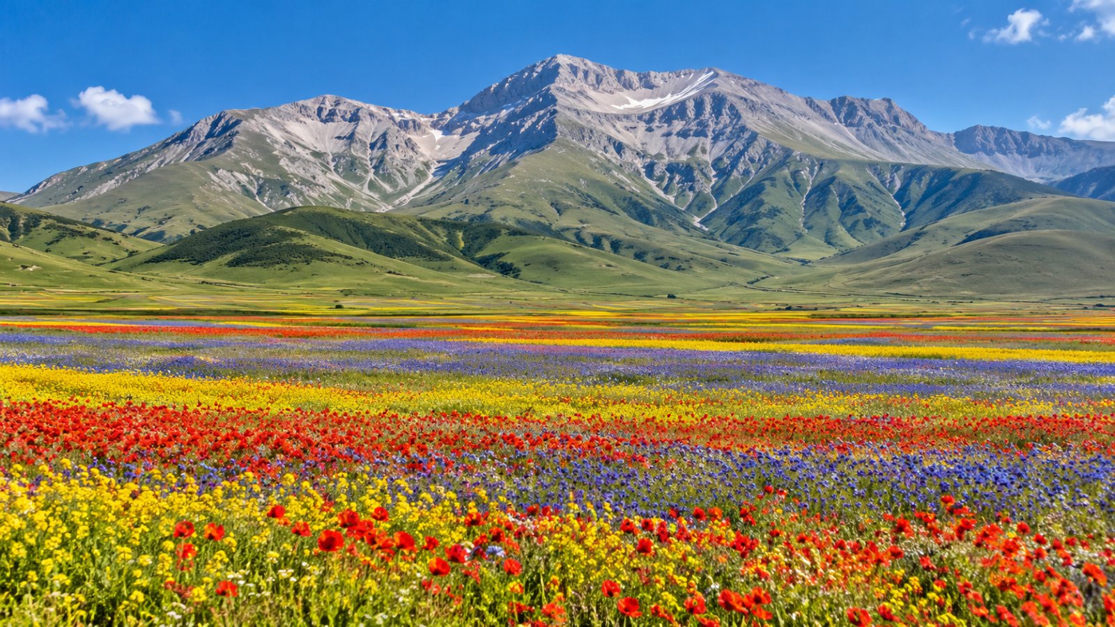 La piana del Pian Grande di Castelluccio di Norcia in fiore, con strisce di colore giallo, rosso e azzurro, e il Monte Vettore sullo sfondo