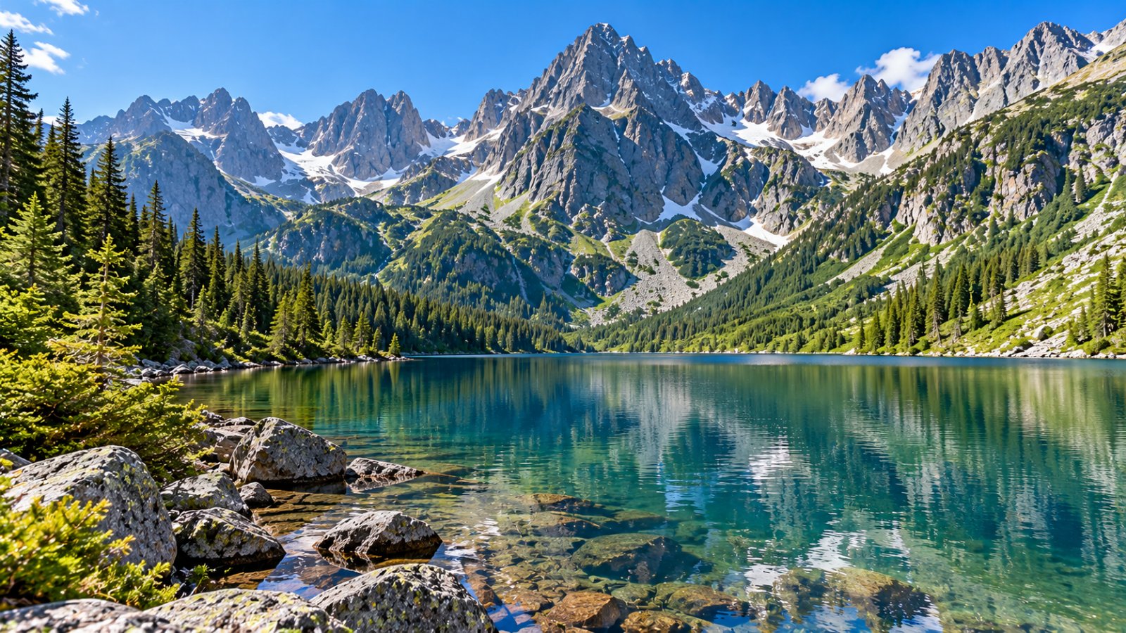 Un lago glaciale di montagna circondato da boschi di abeti e da alte pareti di granito con creste aguzze nei Monti Tatra, in una mattina d'estate