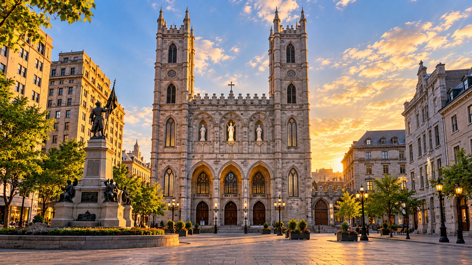 La facciata neogotica della basilica di Notre-Dame affacciata su Place d'Armes, nel Vieux-Montréal, con i palazzi in pietra grigia attorno e una luce calda di fine pomeriggio