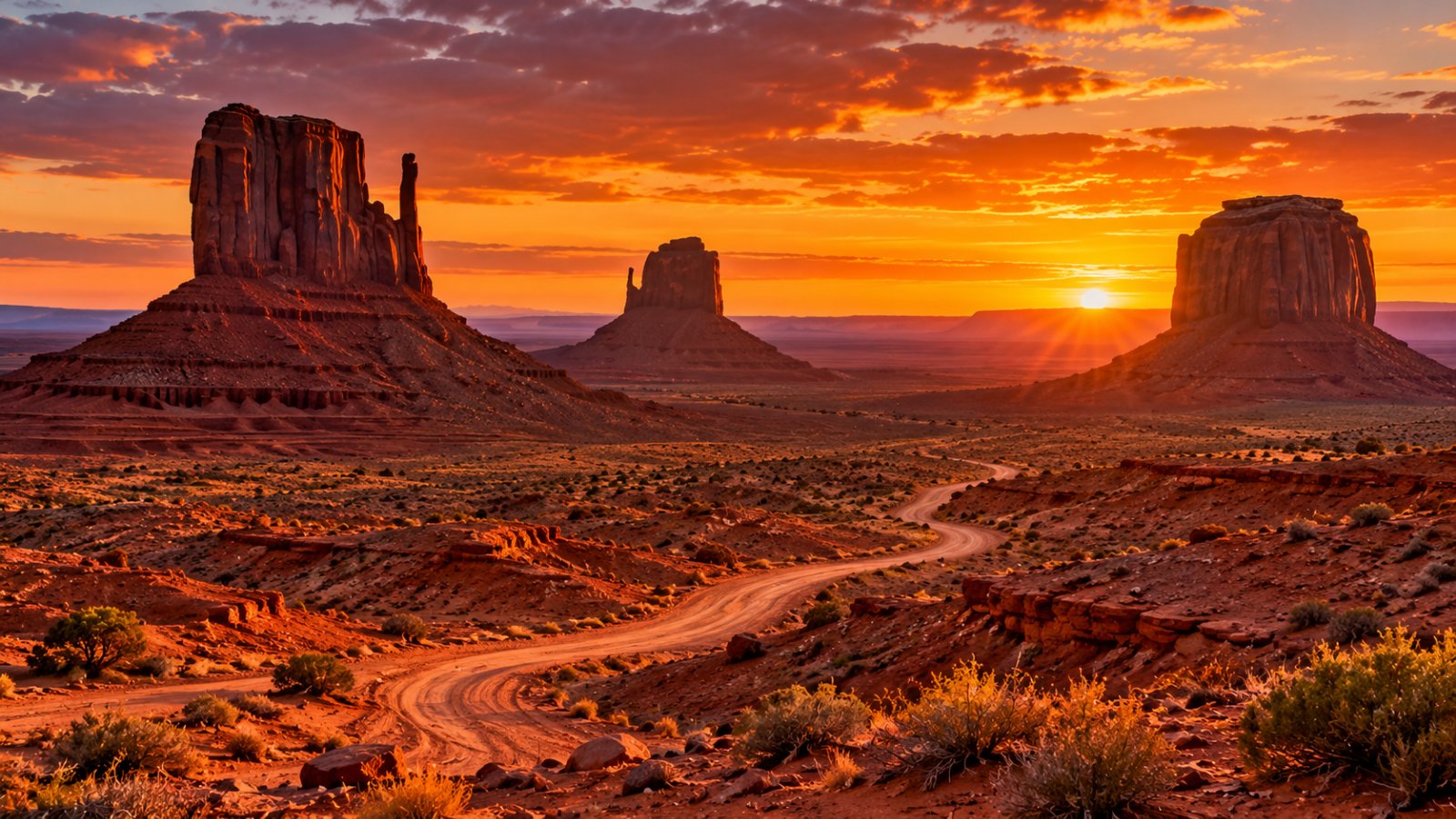 Le torri di roccia rossa della Monument Valley al tramonto, con la strada sterrata e il deserto in primo piano