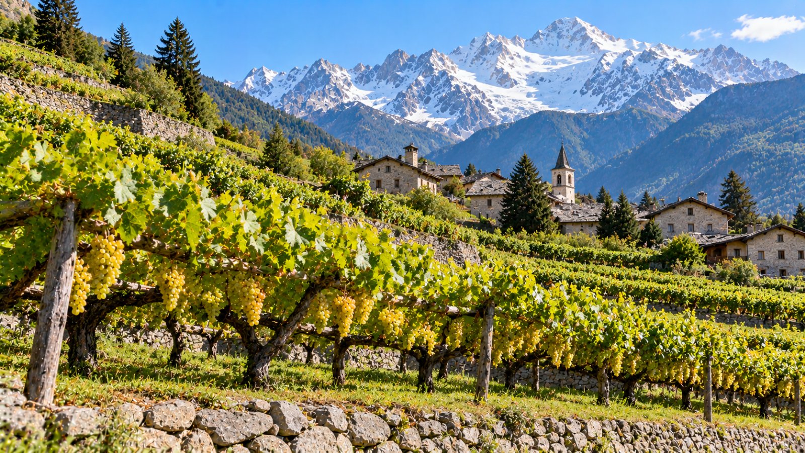 Vigneti a pergola bassa su terrazzamenti in pietra a Morgex in una mattina di fine estate, con la catena del Monte Bianco innevata sullo sfondo