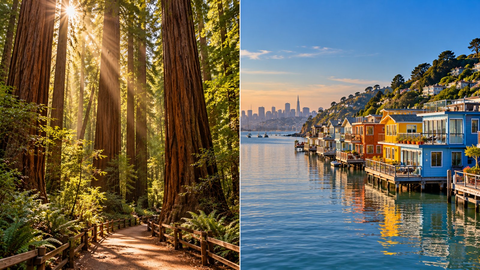 Immagine divisa a metà: a sinistra le sequoie giganti del Muir Woods con i raggi del sole, a destra le case galleggianti colorate di Sausalito sulla baia