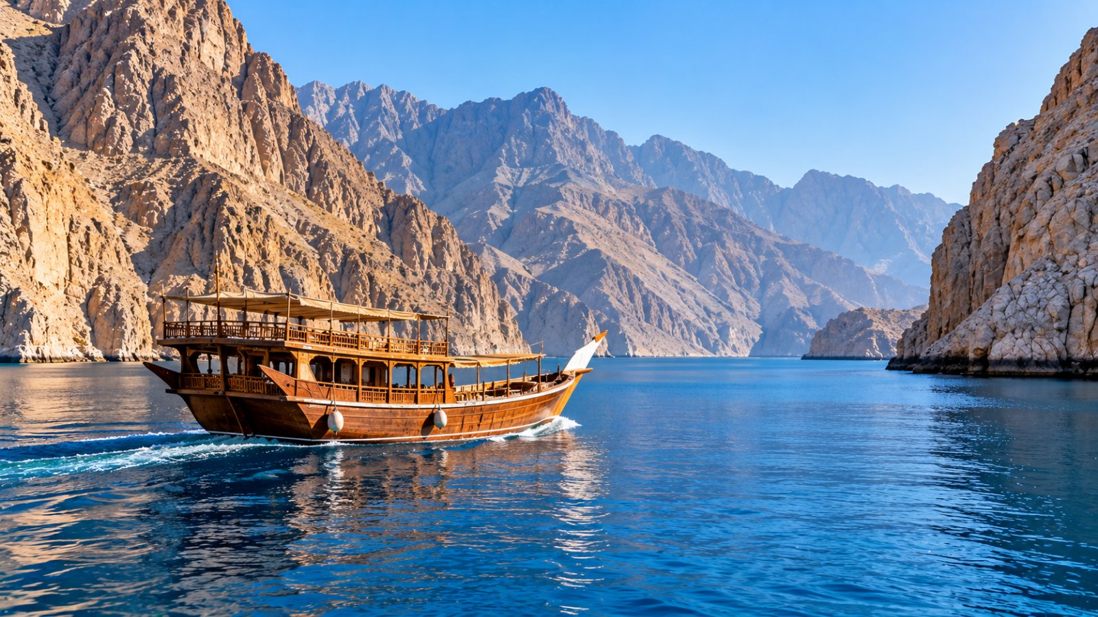 Un dhow tradizionale in legno che naviga in un fiordo di acqua blu tra alte montagne rocciose e spoglie della penisola di Musandam
